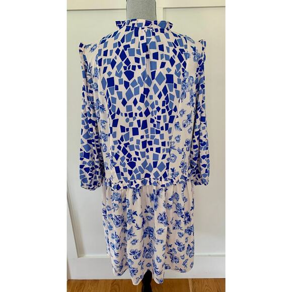 Tolani Collection Mae Mini Dress Geo Floral Blue/White Large Long Sleeve Ruffle - Picture 3 of 4